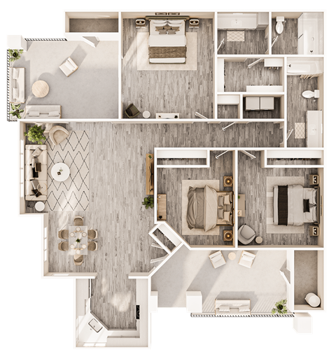 Floor plan for 3 beds, 2 baths, 1262 sqft